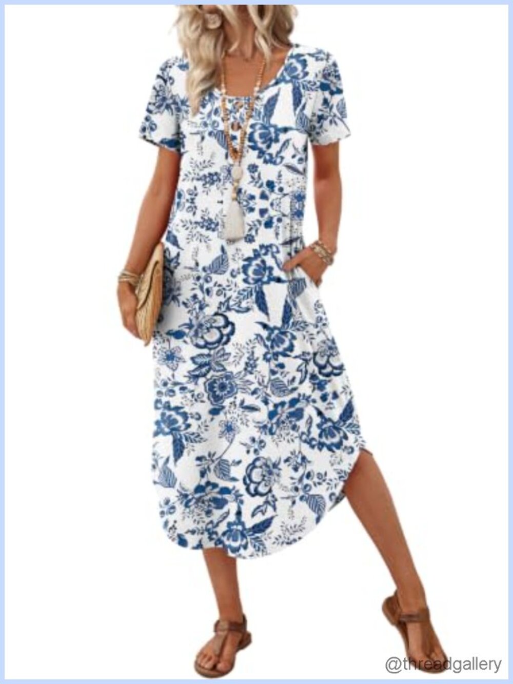 OFEEFAN Women's Casual Midi Tshirt Dress with Pockets Beach Vacation Resort Wear